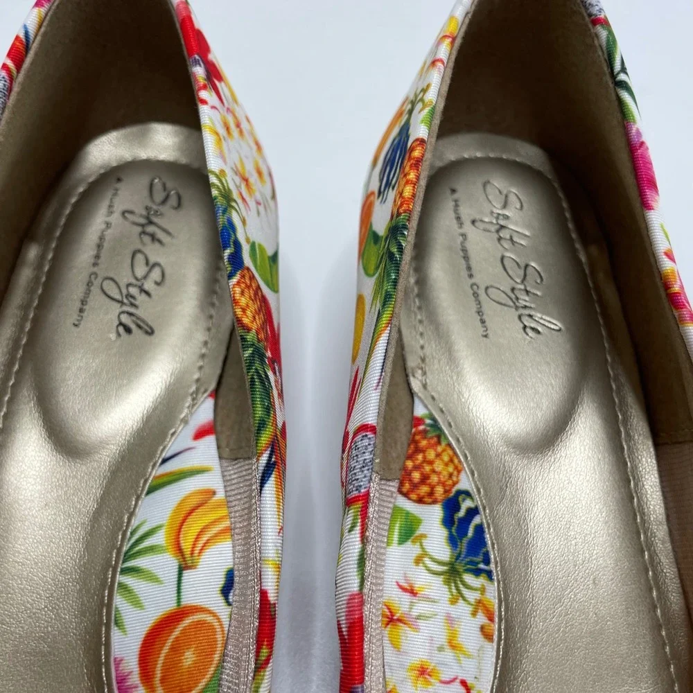 Soft Style Hush Puppies Womens 9 Tropical Fruit Print Low Wedge Pump Bold Unique